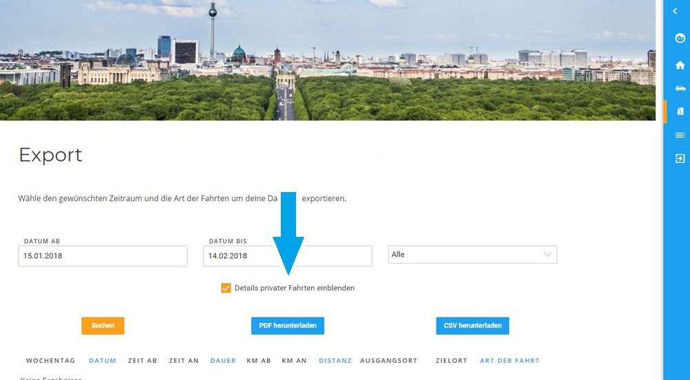 Details privater Fahrten ein- und ausblendbar.