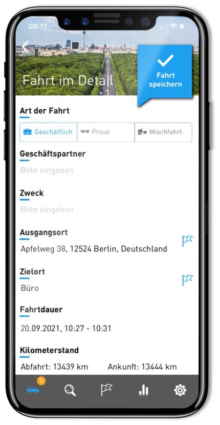 Arbeitsweg, Zweck und Geschäftspartner hinzufügen Details hinzufügen AutoLogg App
