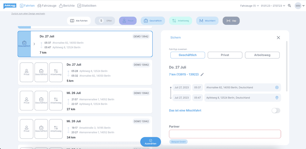 Berufliche Fahrten zuordnen im AutoLogg Webportal