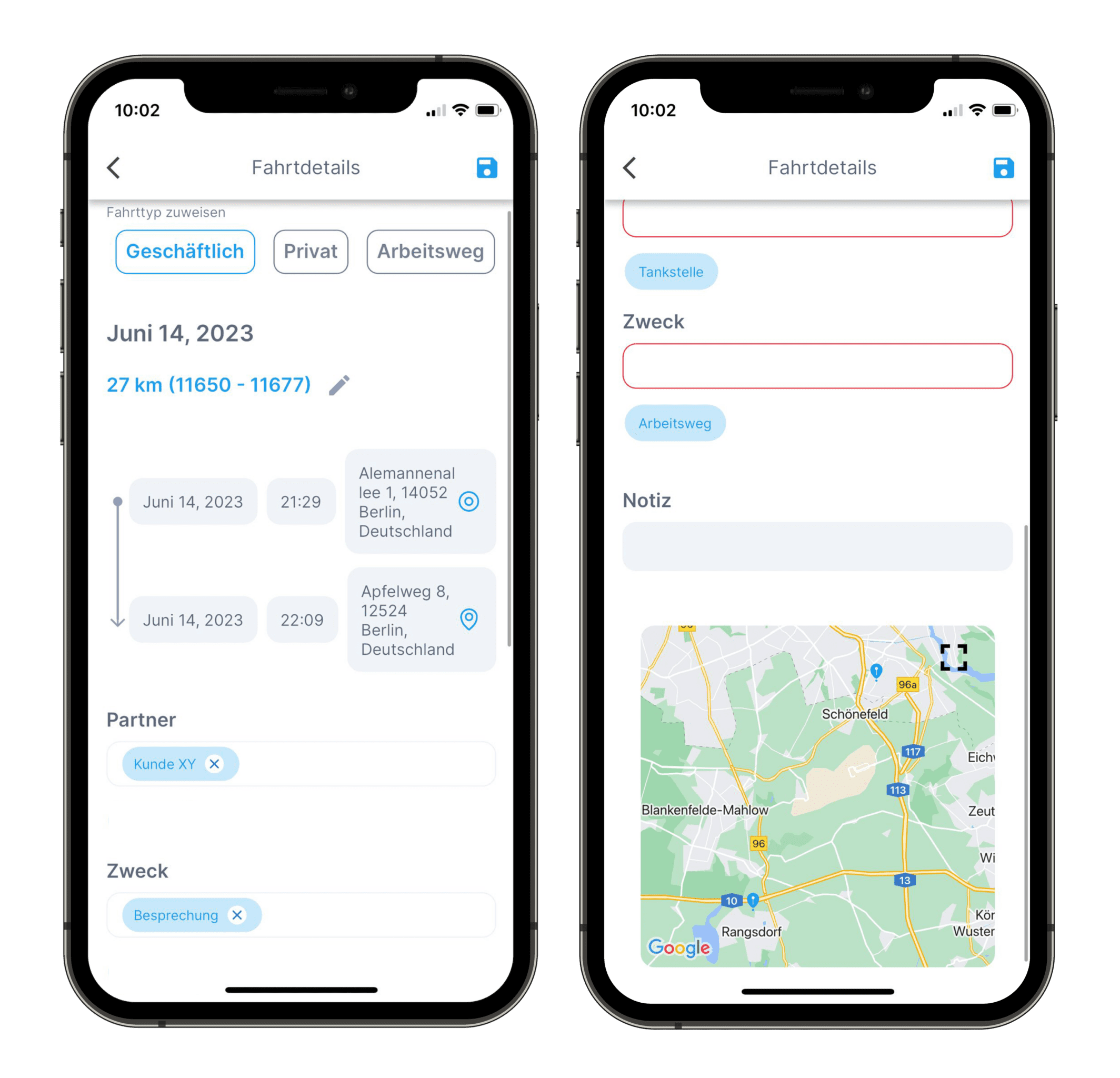 Berufliche Fahrten in der Fahrtenbuch-App am Smartphone Berufliche Fahrten in der Fahrtenbuch-App am Smartphone