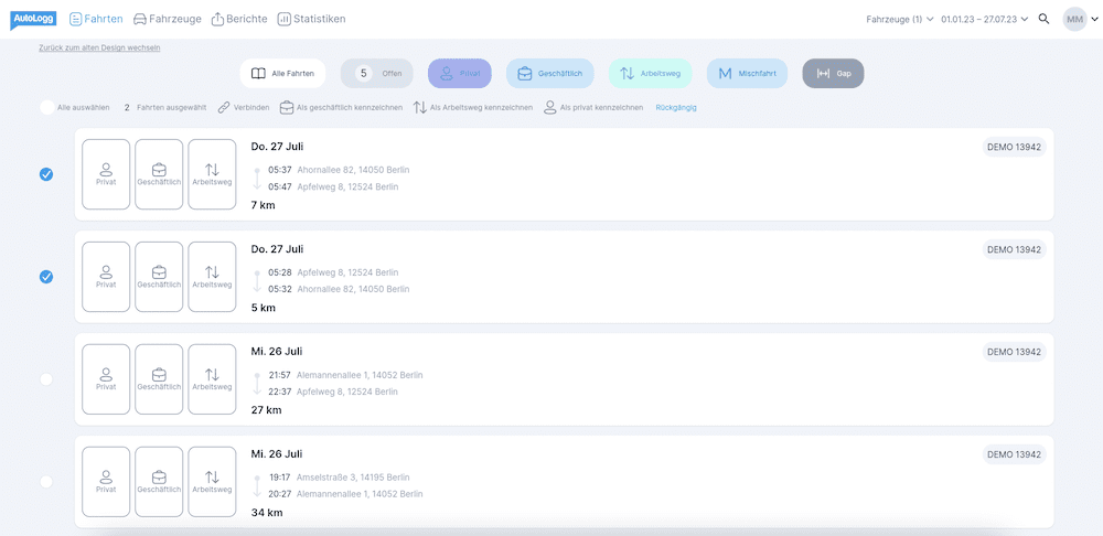 Mehrfachauswahl AutoLogg - Fahrten noch schneller bearbeiten